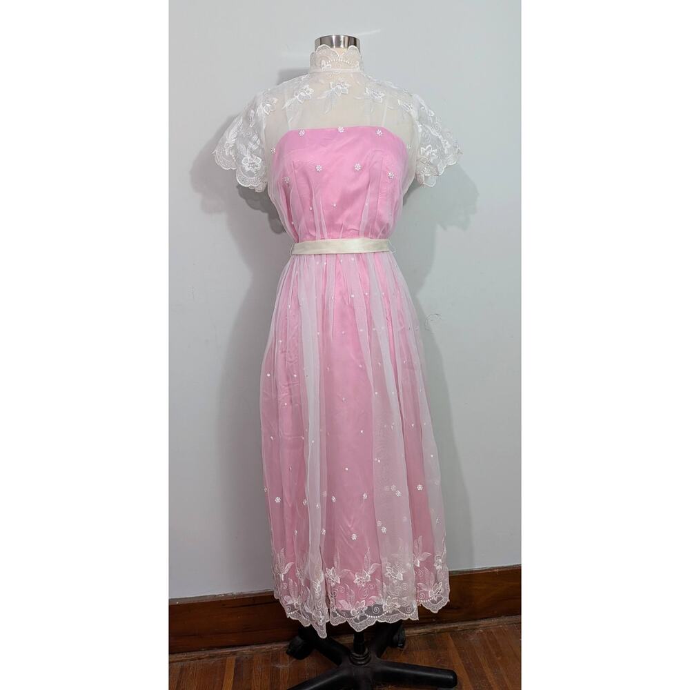 Pink and White Embroidered Illusion Dress